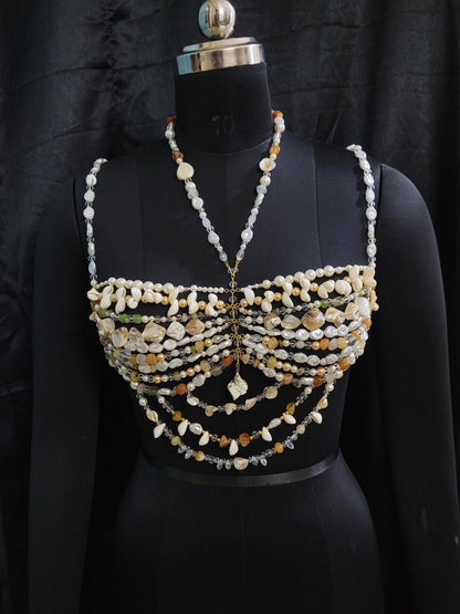Handmade Beaded Bralette Top • Pearl & Crystal Statement Bra • Festival Crop Top • Beach Rave Costume • Bridal and Wedding Accessory