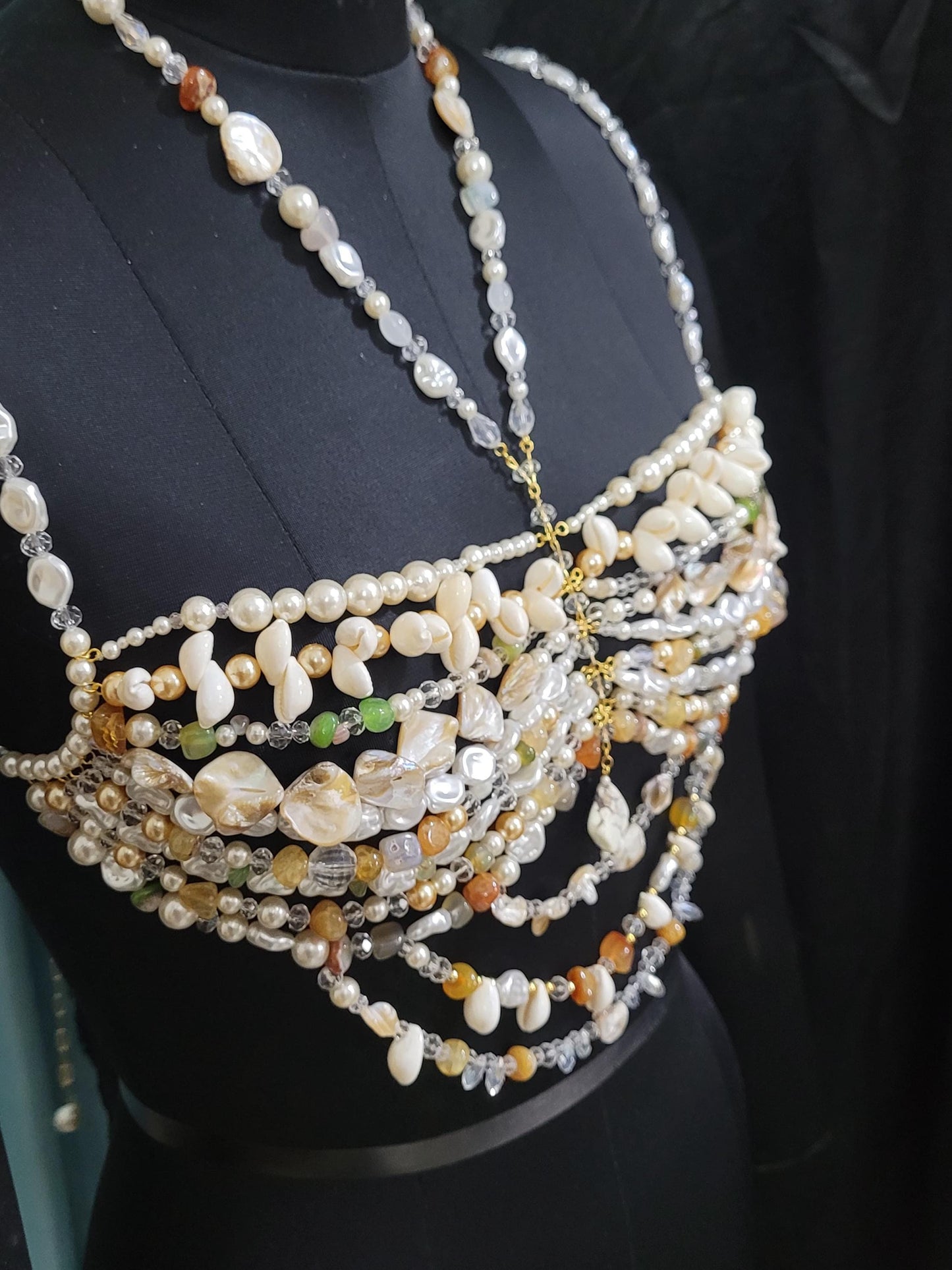 Handmade Beaded Bralette Top • Pearl & Crystal Statement Bra • Festival Crop Top • Beach Rave Costume • Bridal and Wedding Accessory