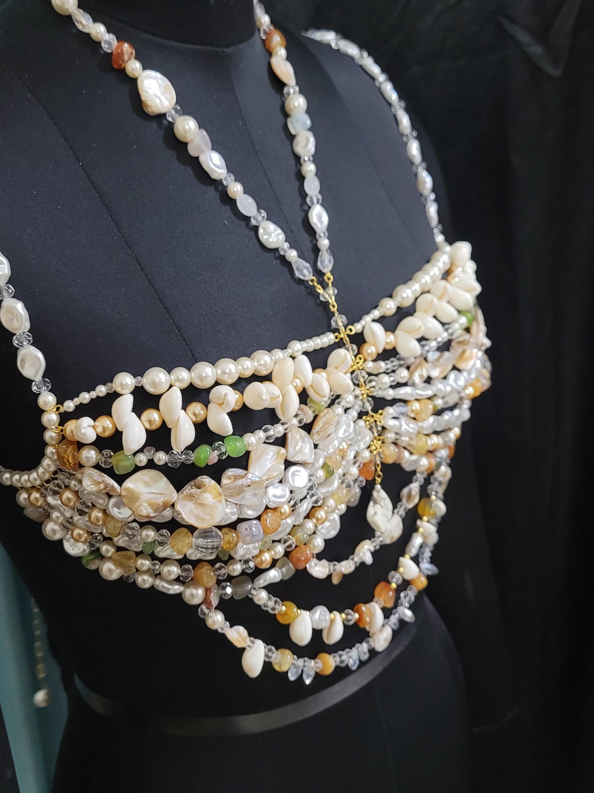 Handmade Beaded Bralette Top • Pearl & Crystal Statement Bra • Festival Crop Top • Beach Rave Costume • Bridal and Wedding Accessory