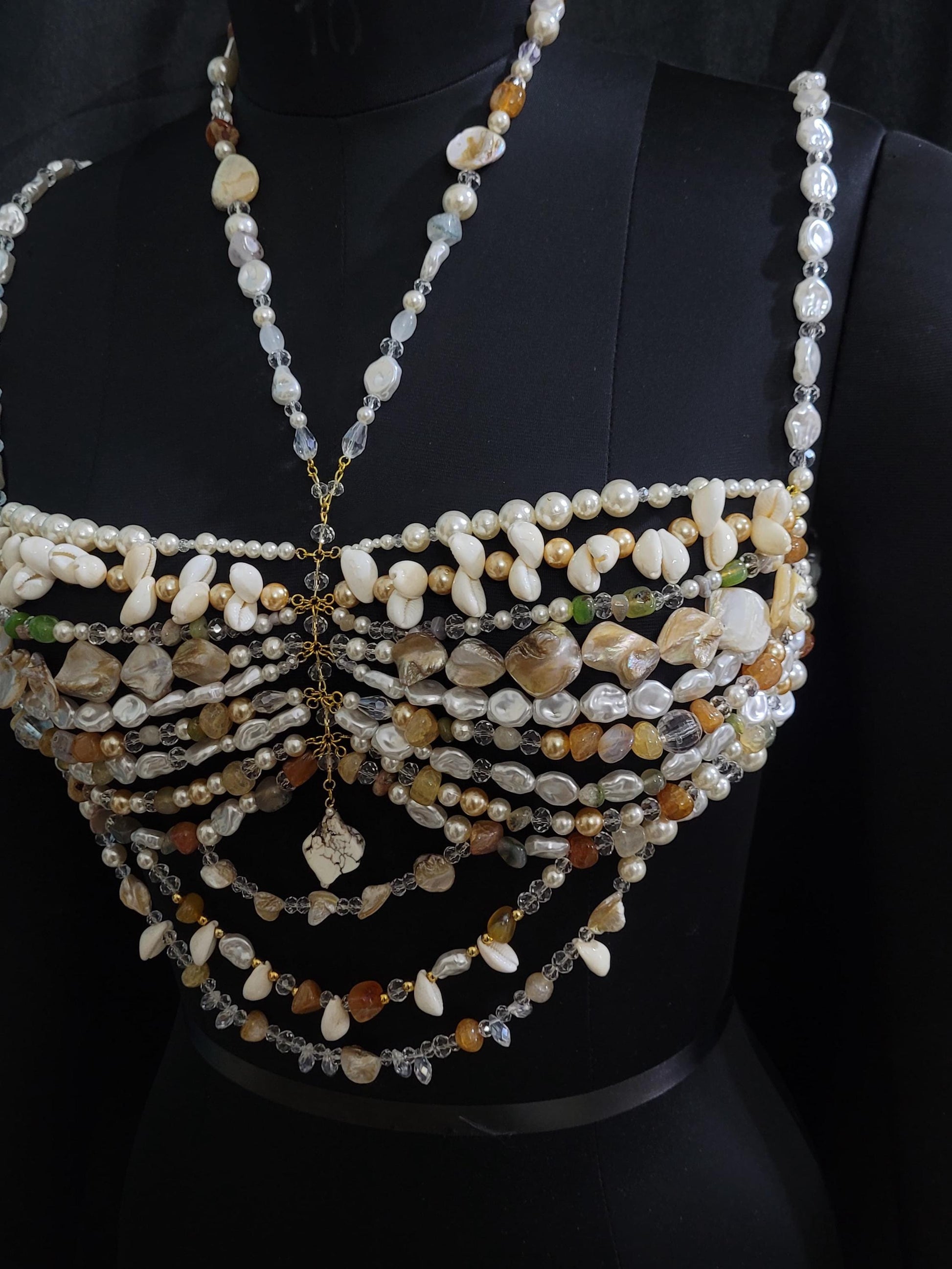 Handmade Beaded Bralette Top • Pearl & Crystal Statement Bra • Festival Crop Top • Beach Rave Costume • Bridal and Wedding Accessory