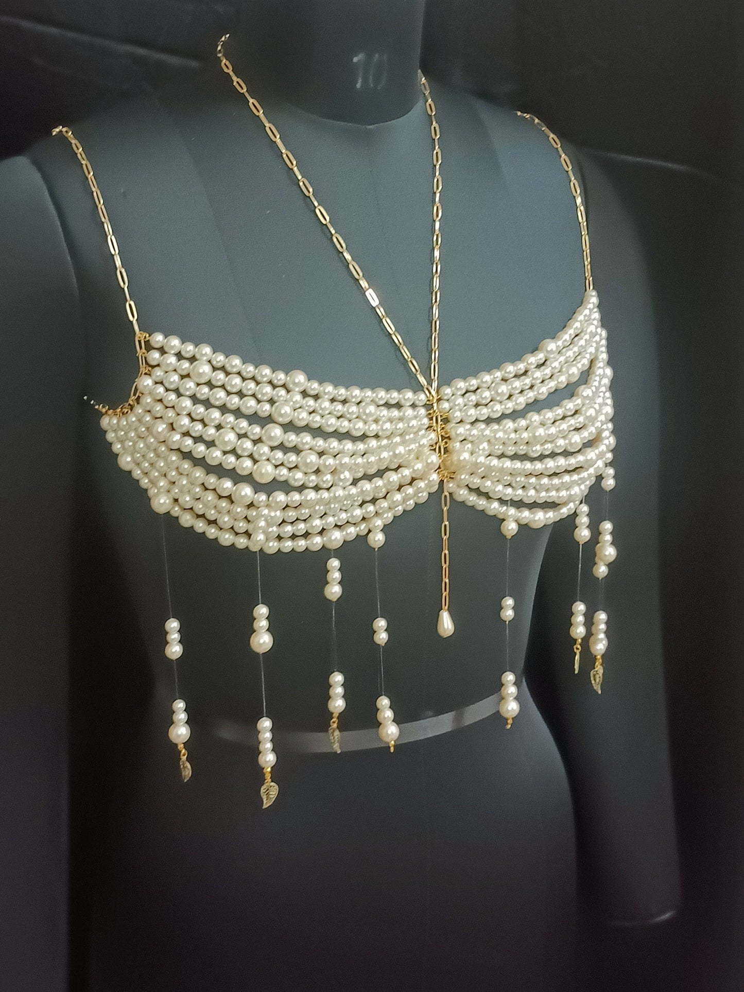 Handmade Christmas New Year Party Outfit, Rave Party Mermaid Costume Top Bra, Beaded Pearl Bralette, Gifts for Her Birthday, Carnaval Dress