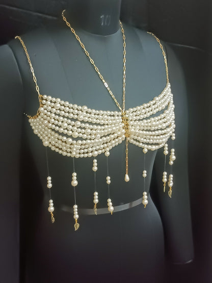 Handmade Christmas New Year Party Outfit, Rave Party Mermaid Costume Top Bra, Beaded Pearl Bralette, Gifts for Her Birthday, Carnaval Dress