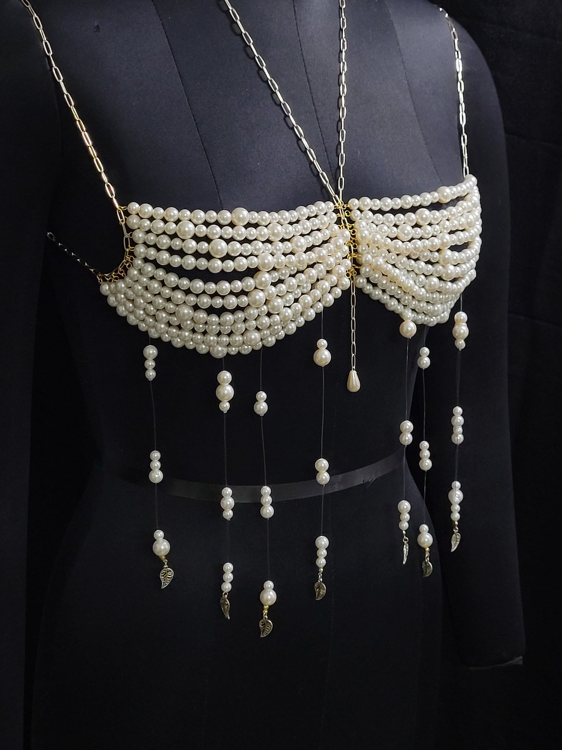 Handmade Christmas New Year Party Outfit, Rave Party Mermaid Costume Top Bra, Beaded Pearl Bralette, Gifts for Her Birthday, Carnaval Dress