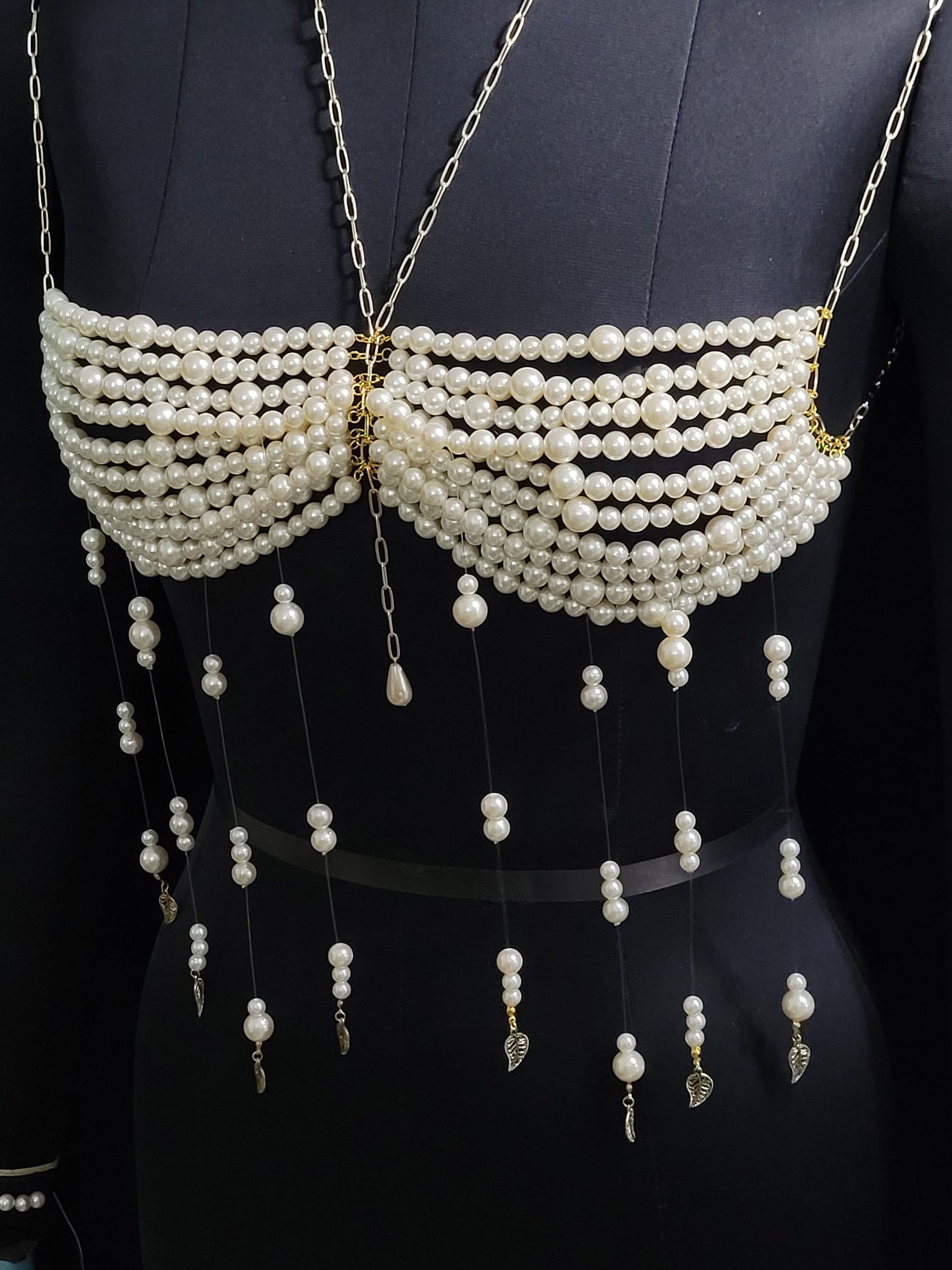 Handmade Christmas New Year Party Outfit, Rave Party Mermaid Costume Top Bra, Beaded Pearl Bralette, Gifts for Her Birthday, Carnaval Dress