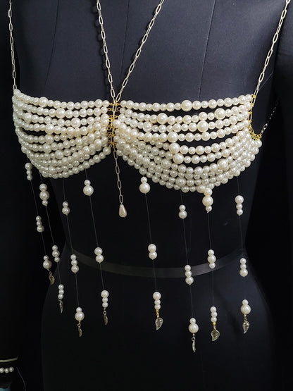 Handmade Christmas New Year Party Outfit, Rave Party Mermaid Costume Top Bra, Beaded Pearl Bralette, Gifts for Her Birthday, Carnaval Dress