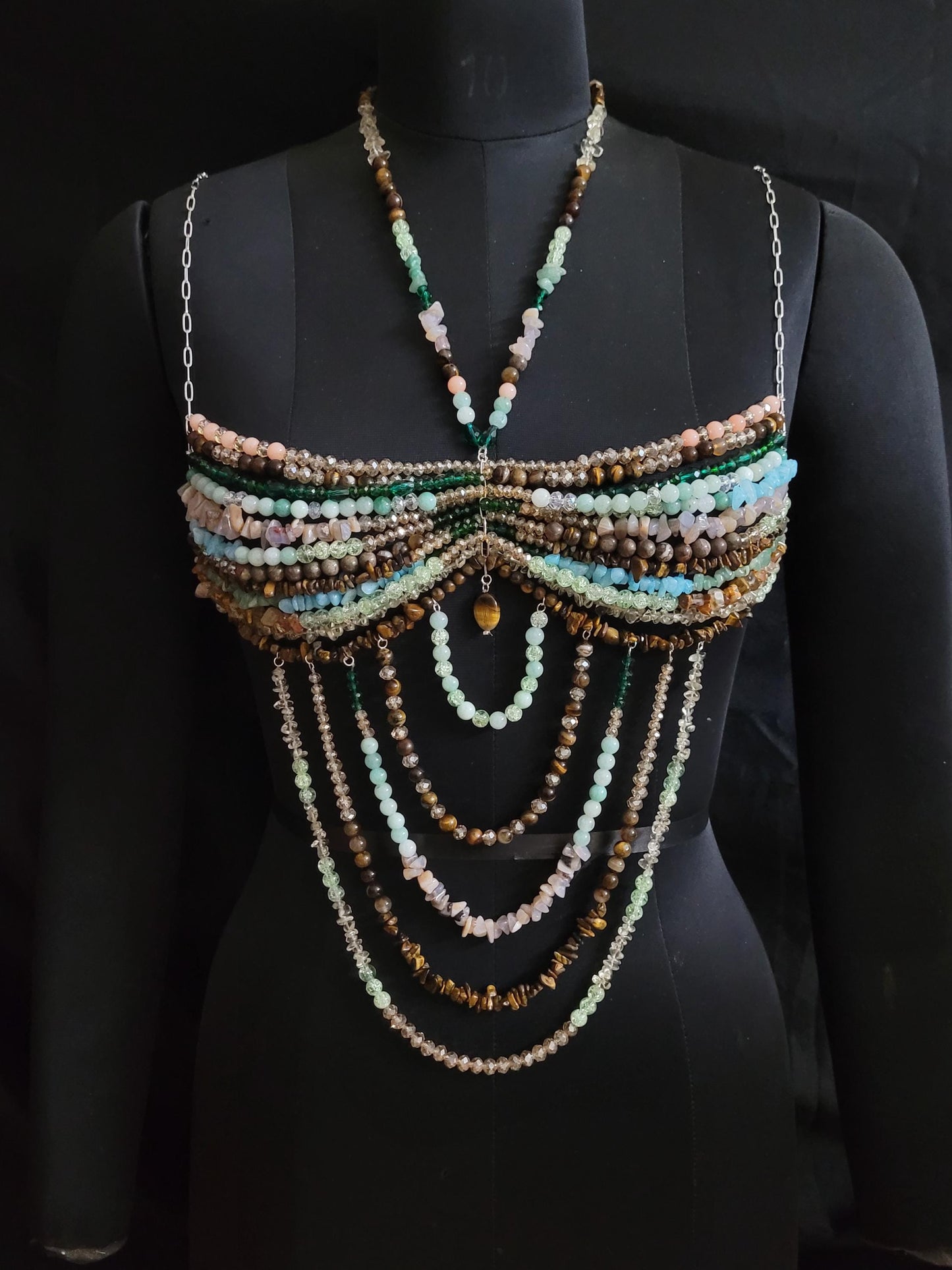 Handmade Gemstone Beaded Bralette Top – Crystal Belly Dance Bra, Festival Outfit, Boho Couture Lingerie, Statement Bead Harness