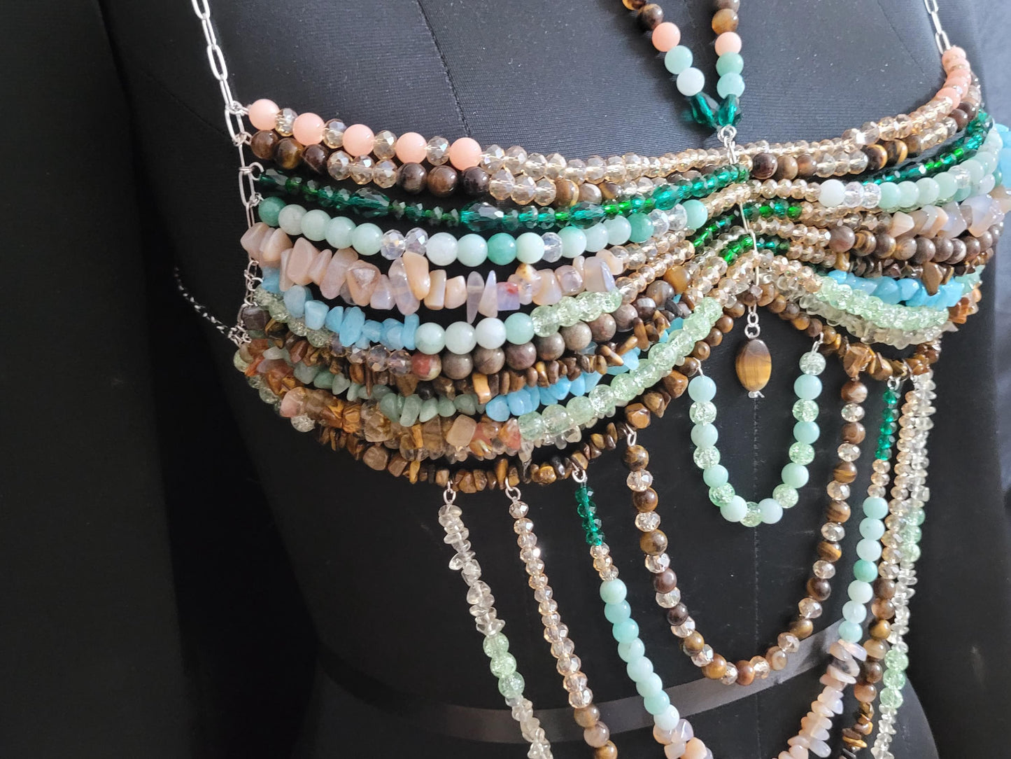 Handmade Gemstone Beaded Bralette Top – Crystal Belly Dance Bra, Festival Outfit, Boho Couture Lingerie, Statement Bead Harness