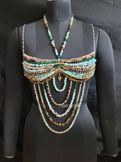 Handmade Gemstone Beaded Bralette Top – Crystal Belly Dance Bra, Festival Outfit, Boho Couture Lingerie, Statement Bead Harness