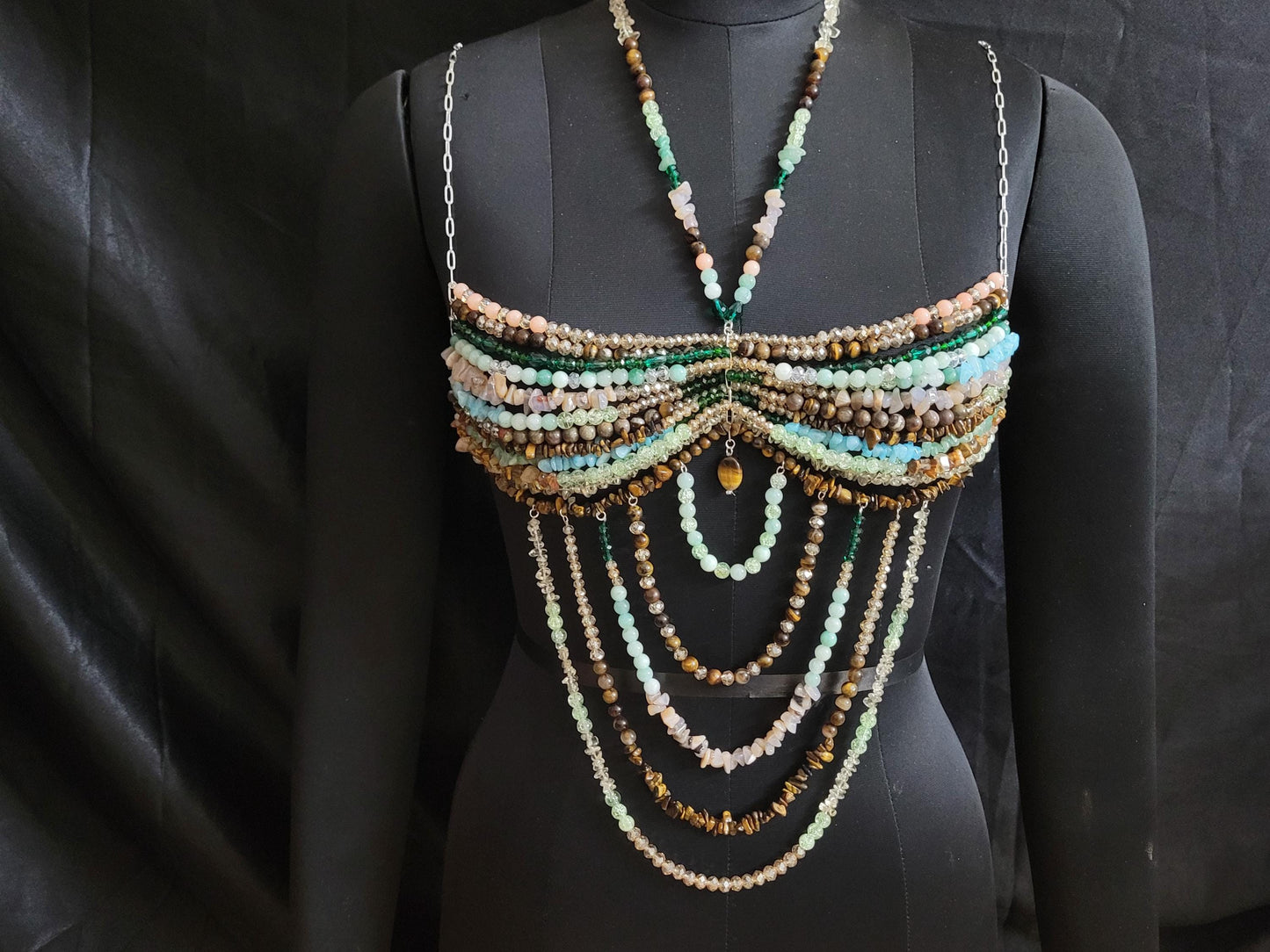 Handmade Gemstone Beaded Bralette Top – Crystal Belly Dance Bra, Festival Outfit, Boho Couture Lingerie, Statement Bead Harness