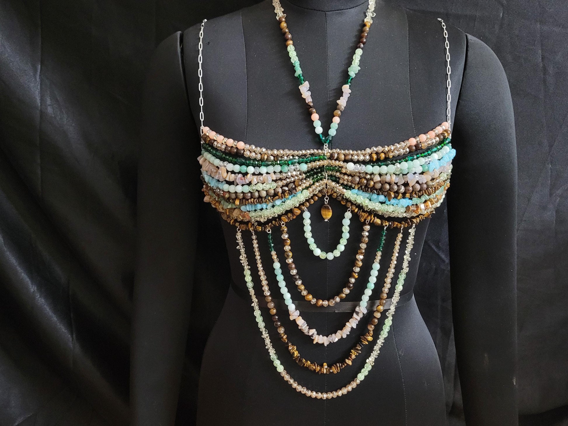 Handmade Gemstone Beaded Bralette Top – Crystal Belly Dance Bra, Festival Outfit, Boho Couture Lingerie, Statement Bead Harness