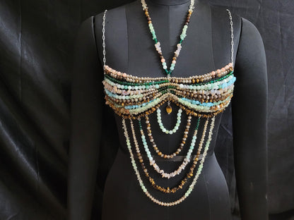Handmade Gemstone Beaded Bralette Top – Crystal Belly Dance Bra, Festival Outfit, Boho Couture Lingerie, Statement Bead Harness