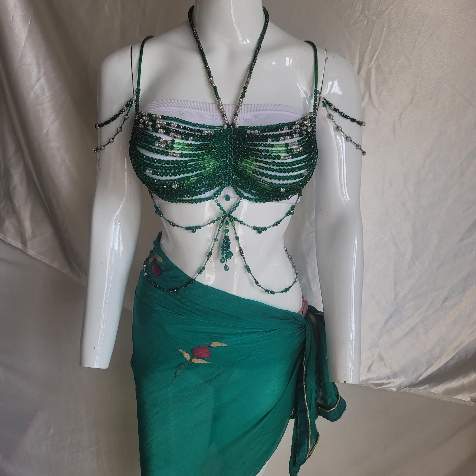 Handmade Green Crystal Beaded Bralette Body Chain | Festival Rave Top | Belly Dance Costume | Mermaidcore Bead Bra | Boho Statement Wear