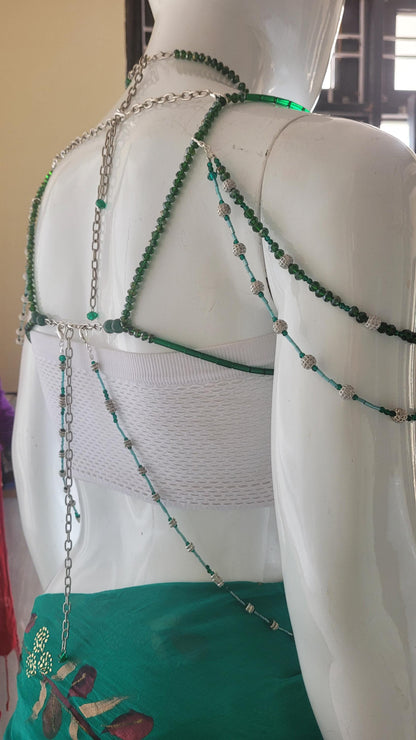 Handmade Green Crystal Beaded Bralette Body Chain | Festival Rave Top | Belly Dance Costume | Mermaidcore Bead Bra | Boho Statement Wear