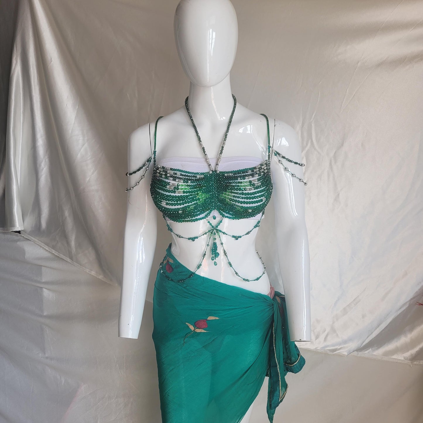 Handmade Green Crystal Beaded Bralette Body Chain | Festival Rave Top | Belly Dance Costume | Mermaidcore Bead Bra | Boho Statement Wear