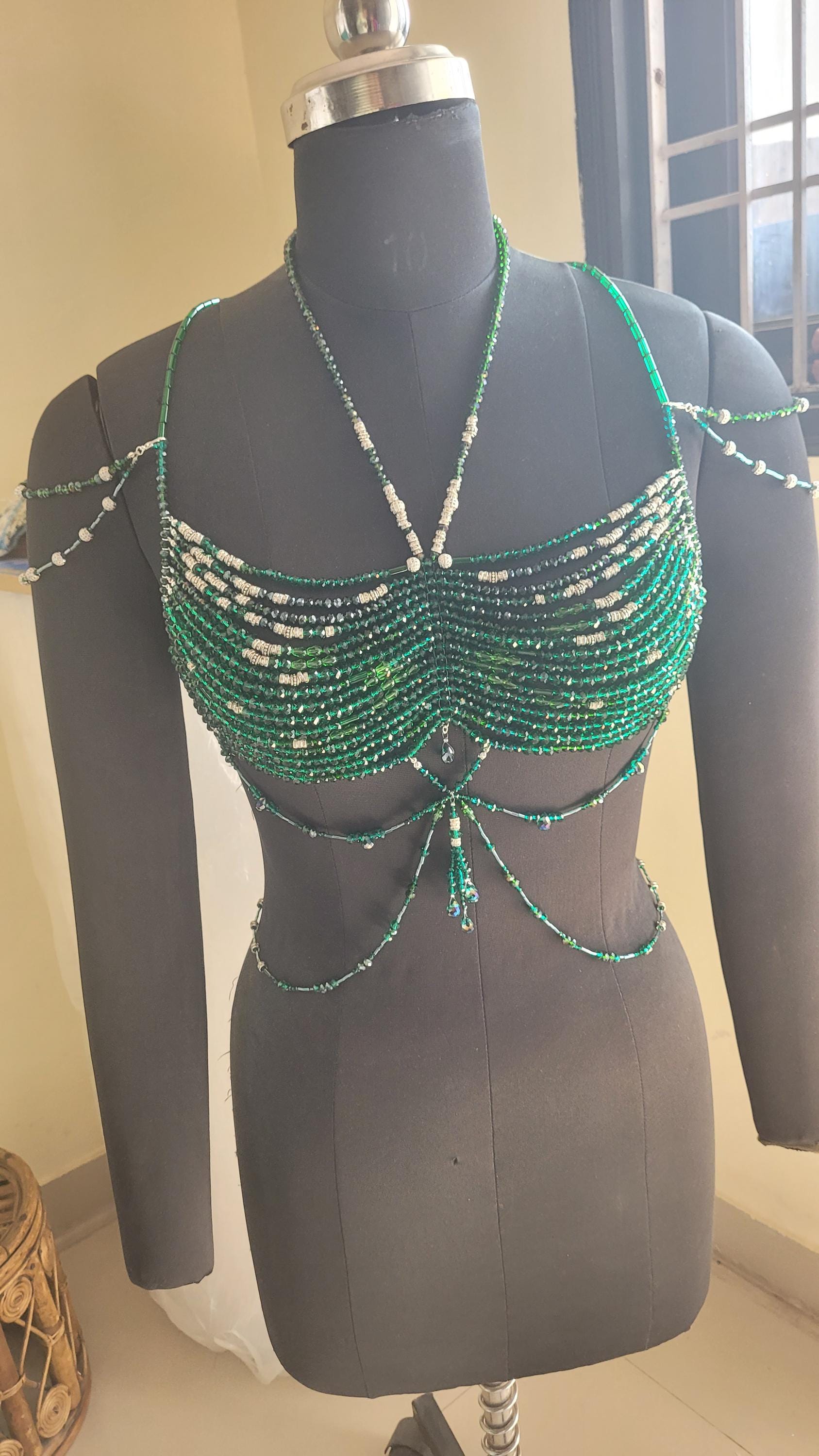 Handmade Green Crystal Beaded Bralette Body Chain | Festival Rave Top | Belly Dance Costume | Mermaidcore Bead Bra | Boho Statement Wear