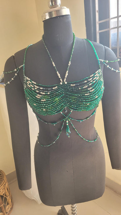 Handmade Green Crystal Beaded Bralette Body Chain | Festival Rave Top | Belly Dance Costume | Mermaidcore Bead Bra | Boho Statement Wear