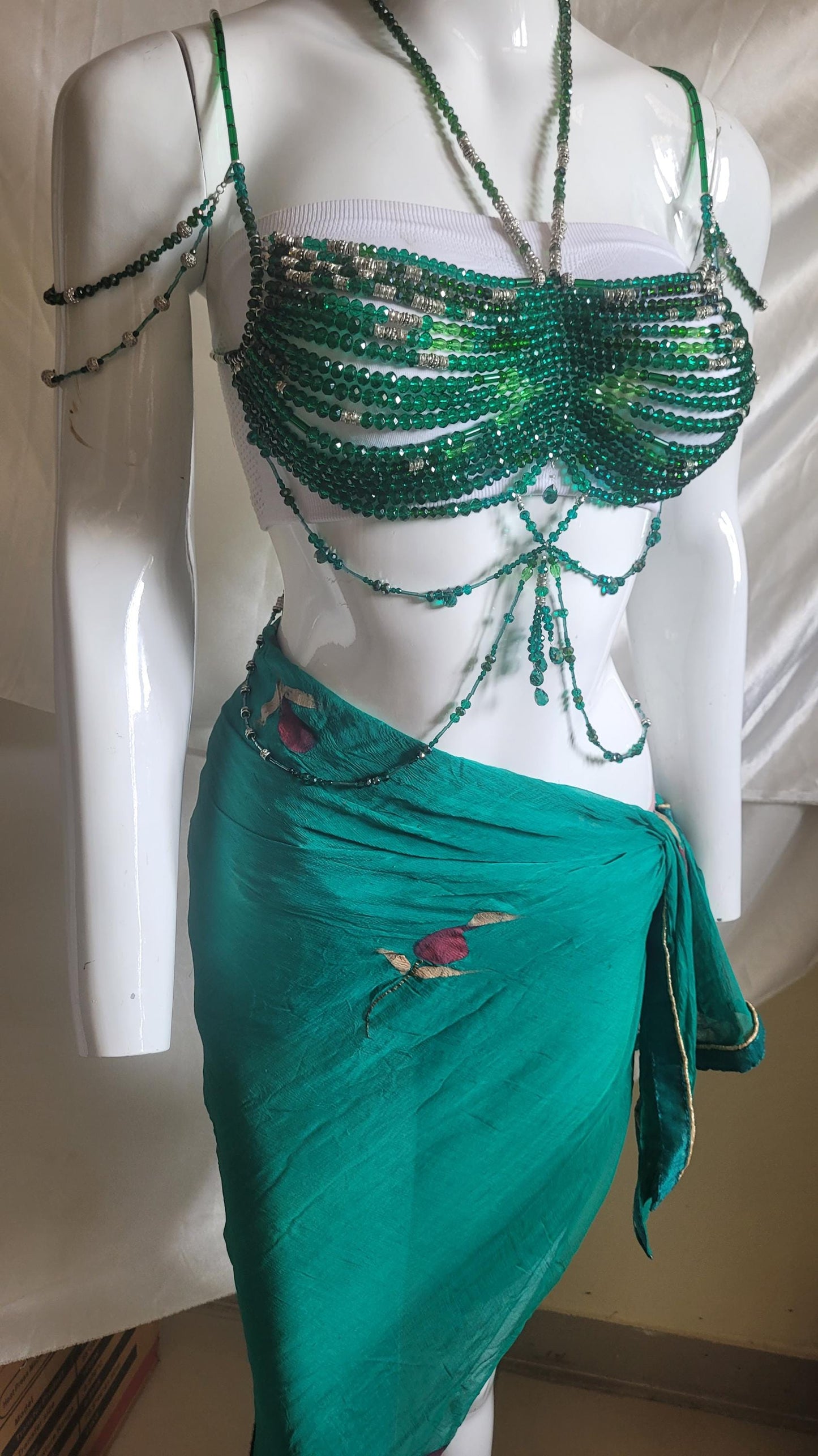 Handmade Green Crystal Beaded Bralette Body Chain | Festival Rave Top | Belly Dance Costume | Mermaidcore Bead Bra | Boho Statement Wear