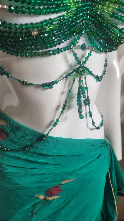 Handmade Green Crystal Beaded Bralette Body Chain | Festival Rave Top | Belly Dance Costume | Mermaidcore Bead Bra | Boho Statement Wear