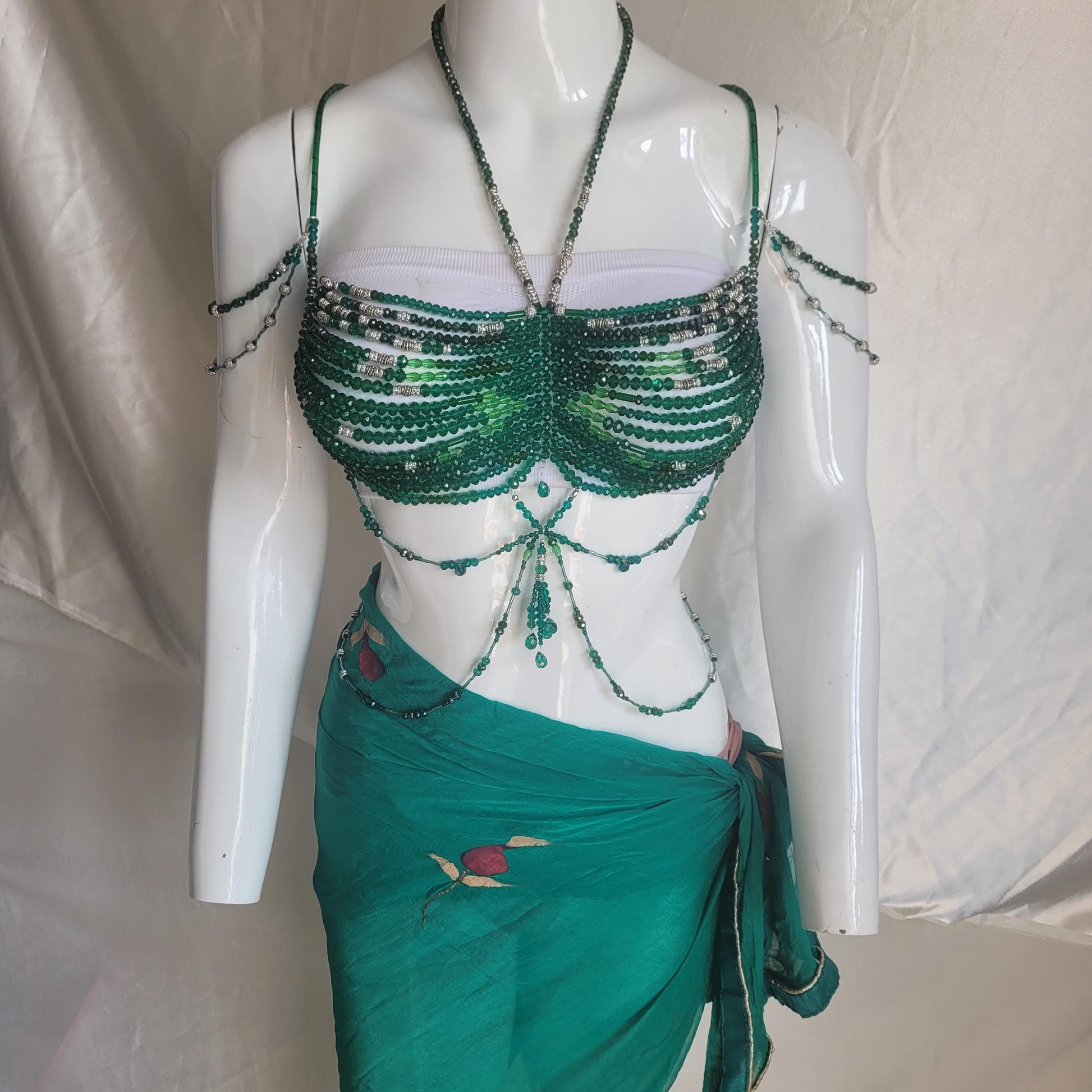 Handmade Green Crystal Beaded Bralette Body Chain | Festival Rave Top | Belly Dance Costume | Mermaidcore Bead Bra | Boho Statement Wear