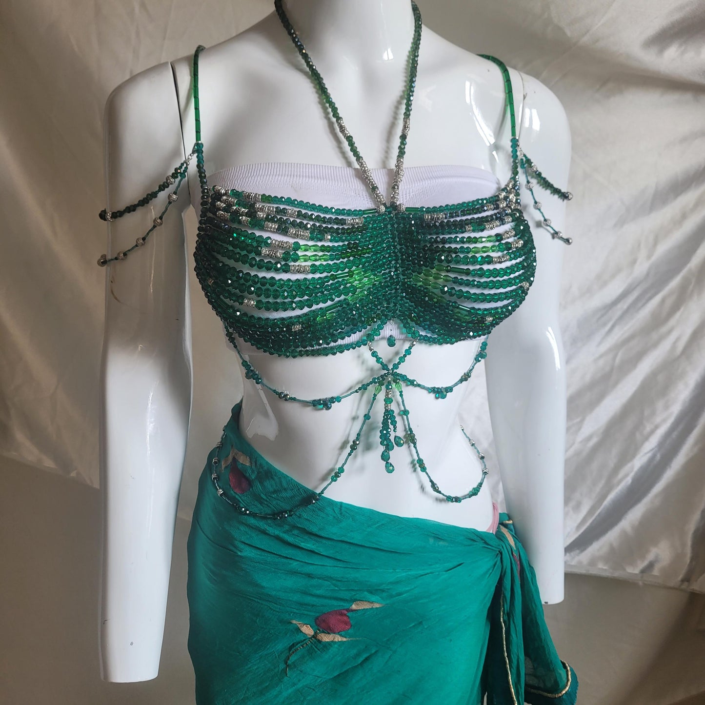 Handmade Green Crystal Beaded Bralette Body Chain | Festival Rave Top | Belly Dance Costume | Mermaidcore Bead Bra | Boho Statement Wear