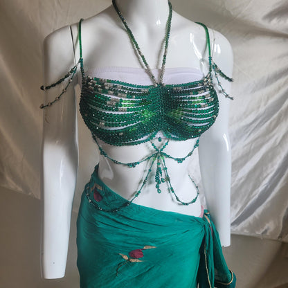 Handmade Green Crystal Beaded Bralette Body Chain | Festival Rave Top | Belly Dance Costume | Mermaidcore Bead Bra | Boho Statement Wear
