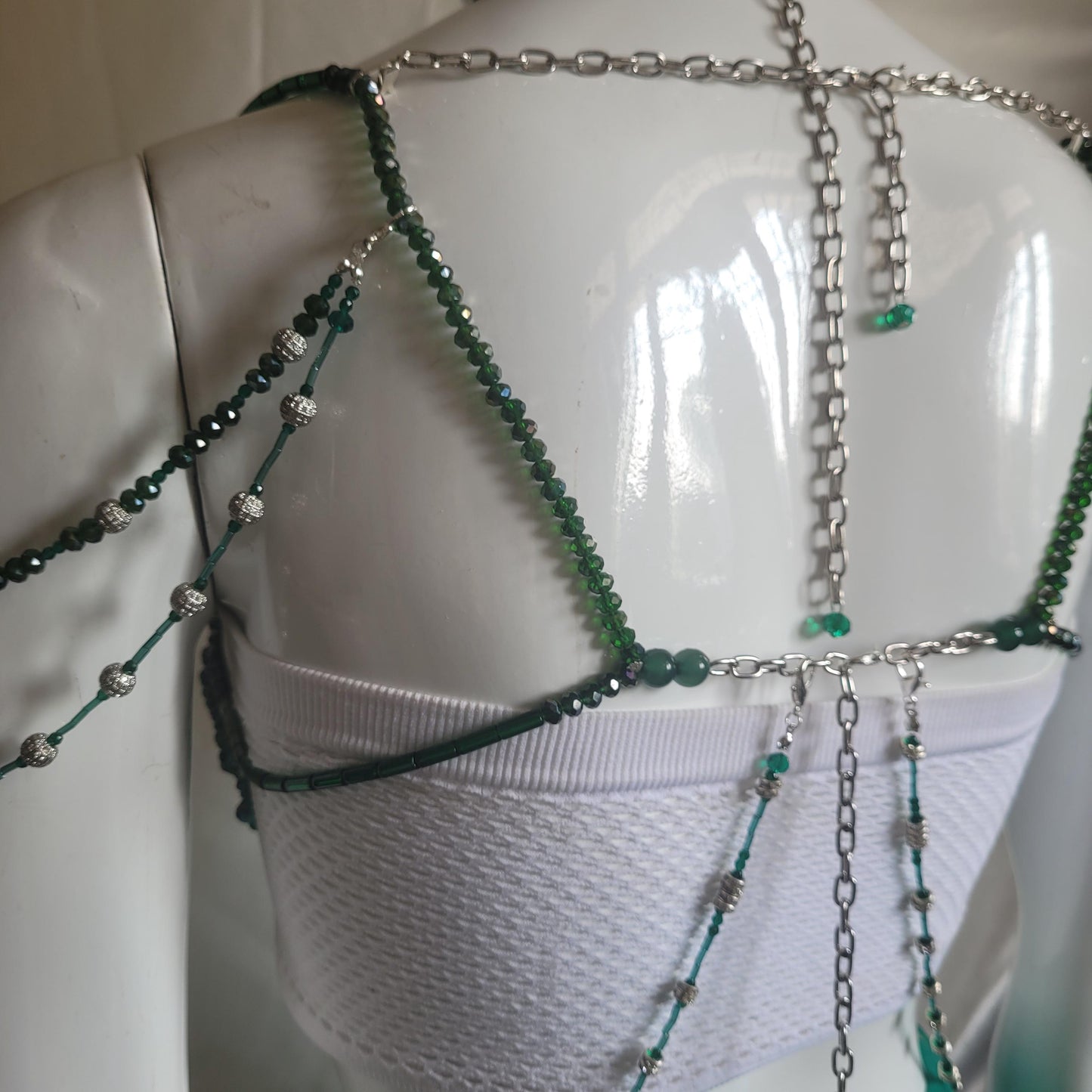 Handmade Green Crystal Beaded Bralette Body Chain | Festival Rave Top | Belly Dance Costume | Mermaidcore Bead Bra | Boho Statement Wear