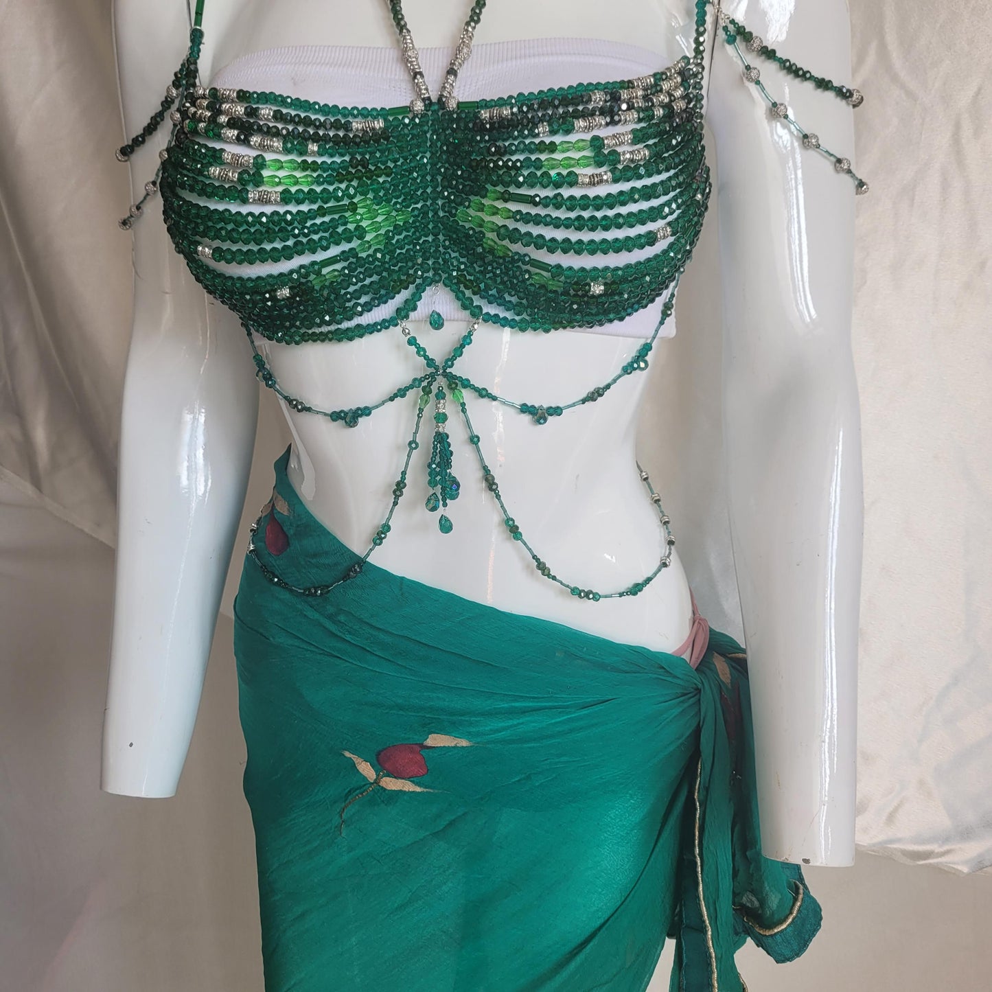 Handmade Green Crystal Beaded Bralette Body Chain | Festival Rave Top | Belly Dance Costume | Mermaidcore Bead Bra | Boho Statement Wear