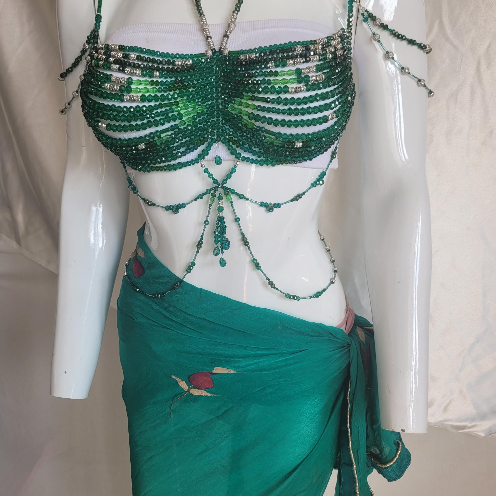 Handmade Green Crystal Beaded Bralette Body Chain | Festival Rave Top | Belly Dance Costume | Mermaidcore Bead Bra | Boho Statement Wear