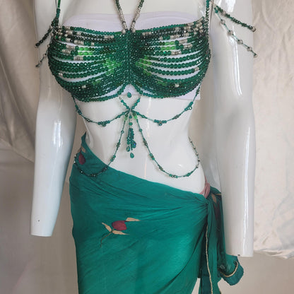 Handmade Green Crystal Beaded Bralette Body Chain | Festival Rave Top | Belly Dance Costume | Mermaidcore Bead Bra | Boho Statement Wear