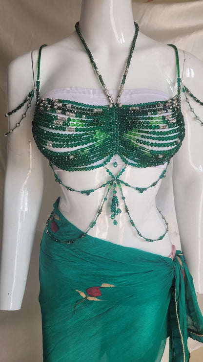Handmade Green Crystal Beaded Bralette Body Chain | Festival Rave Top | Belly Dance Costume | Mermaidcore Bead Bra | Boho Statement Wear