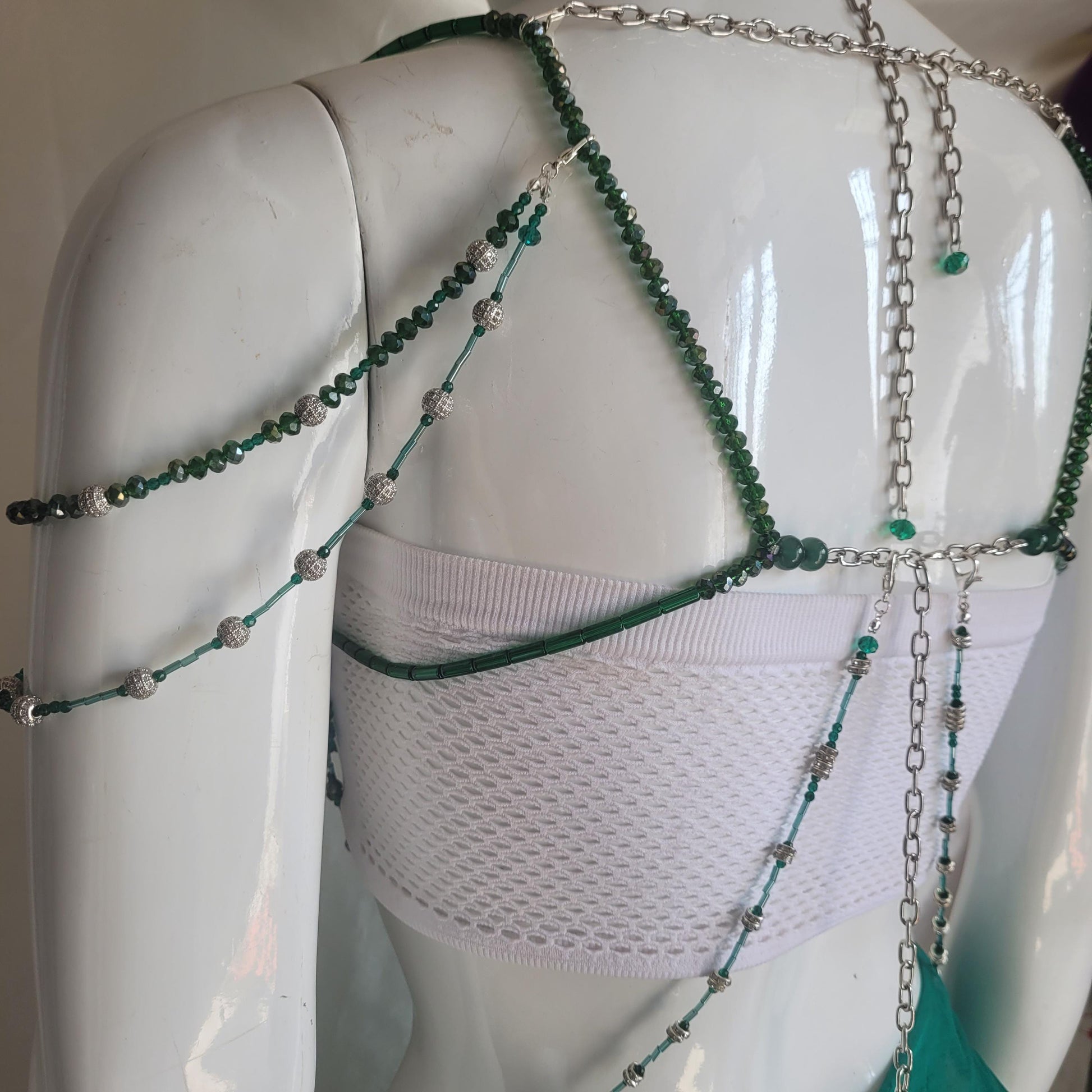 Handmade Green Crystal Beaded Bralette Body Chain | Festival Rave Top | Belly Dance Costume | Mermaidcore Bead Bra | Boho Statement Wear