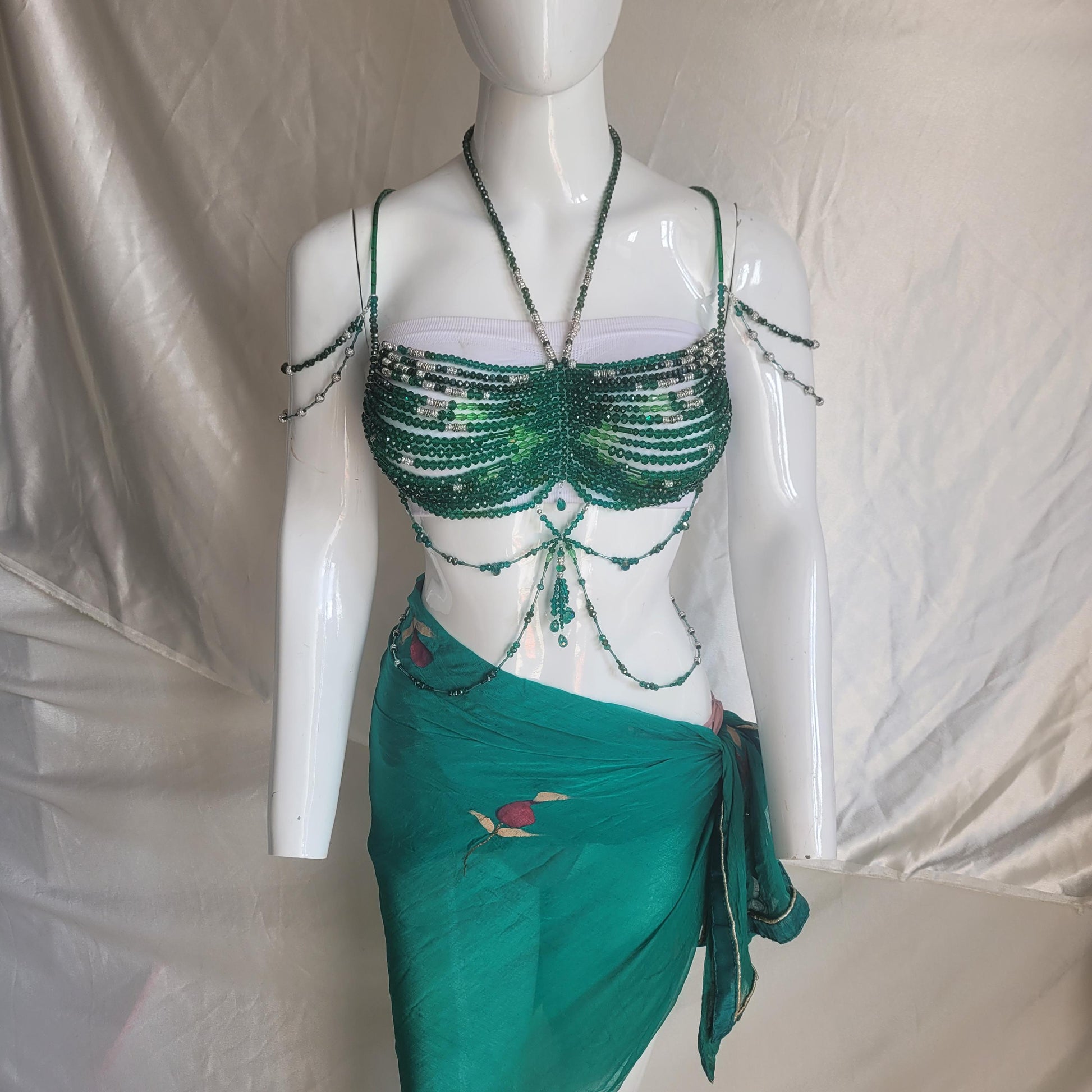 Handmade Green Crystal Beaded Bralette Body Chain | Festival Rave Top | Belly Dance Costume | Mermaidcore Bead Bra | Boho Statement Wear