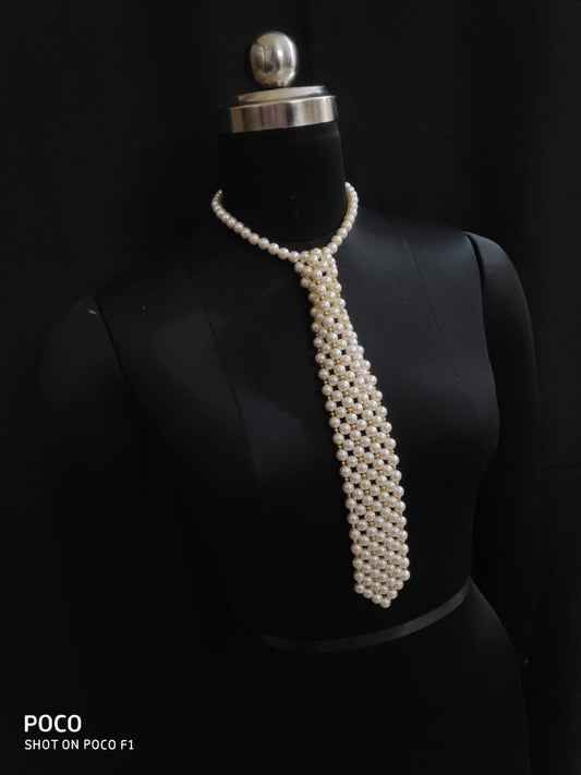 Handmade Ivory/Beige Pearl Tie, Pearl Party Tie Necklace, Vintage Faux Pearl Necktie Adjustable, Birthday Holiday Gift, Unique Necktie