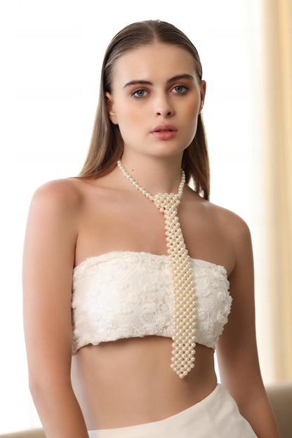 Handmade Ivory/Beige Pearl Tie, Pearl Party Tie Necklace, Vintage Faux Pearl Necktie Adjustable, Birthday Holiday Gift, Unique Necktie