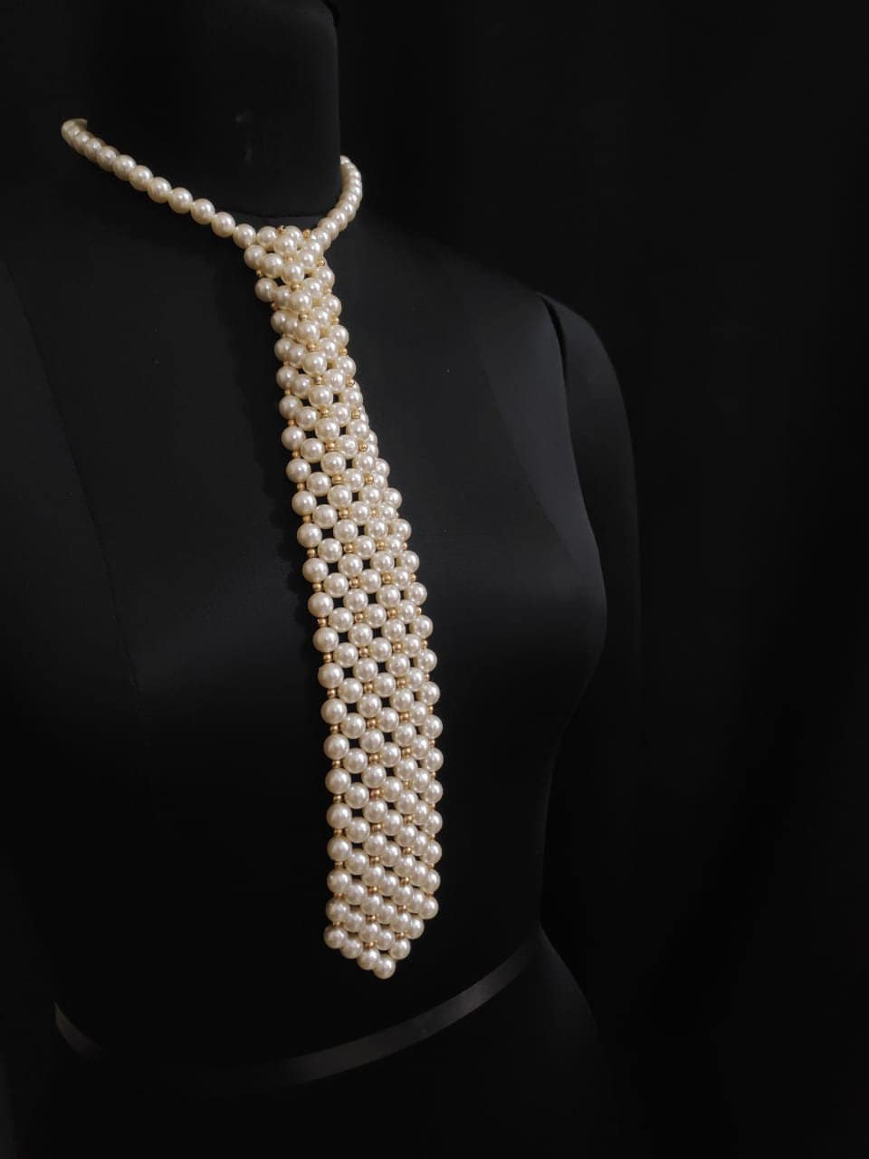 Handmade Ivory/Beige Pearl Tie, Pearl Party Tie Necklace, Vintage Faux Pearl Necktie Adjustable, Birthday Holiday Gift, Unique Necktie