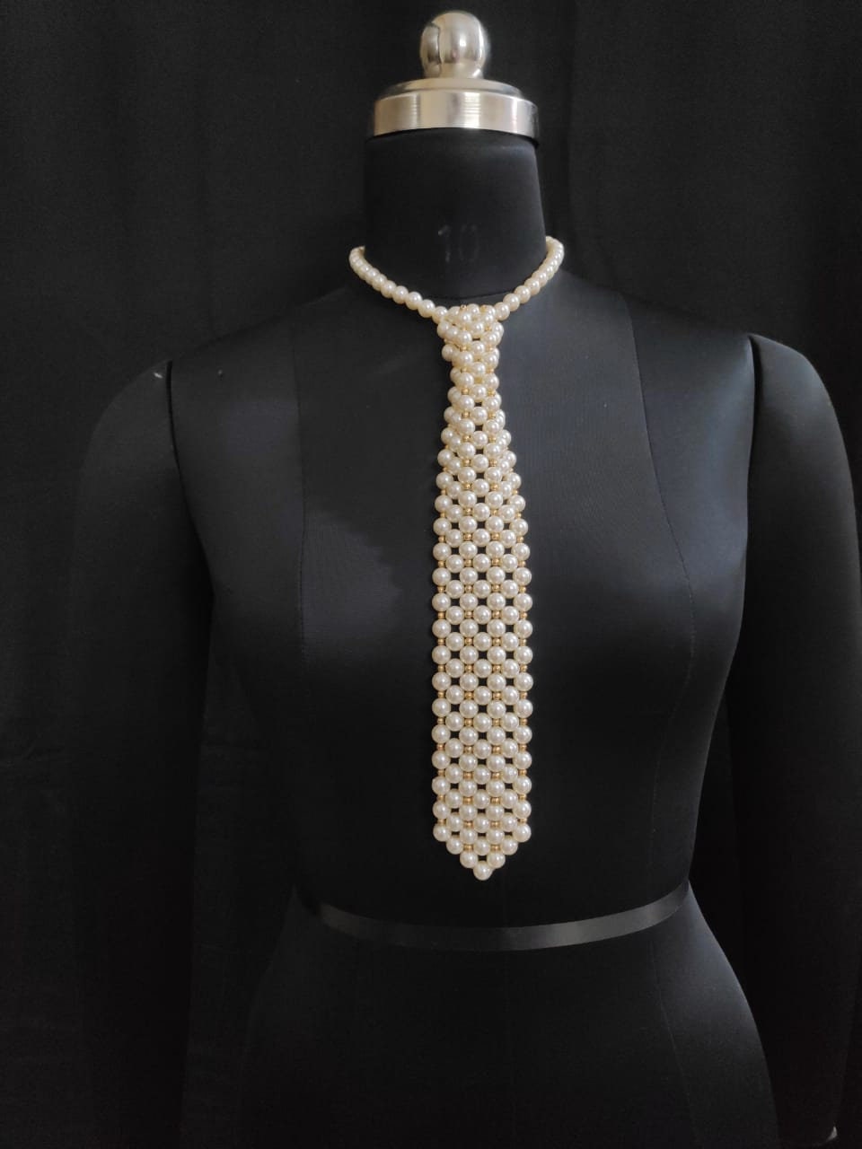 Handmade Ivory/Beige Pearl Tie, Pearl Party Tie Necklace, Vintage Faux Pearl Necktie Adjustable, Birthday Holiday Gift, Unique Necktie