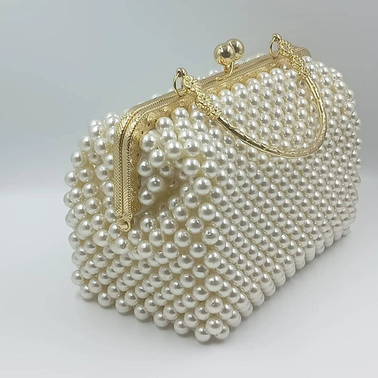 Handmade Ivory Pearl Beaded Bag Vintage Purse, Golden Clutch Handbag for Her, Birthday Gifts for Mom, Anniversary, Luxury Wedding Bag
