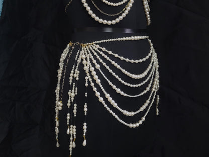 Handmade Pearl Body Chain Set – Festival Pearl Bra & Waist Chain Skirt Jewelry – Boho Statement Lingerie Harness for Rave, Carnival Outfit