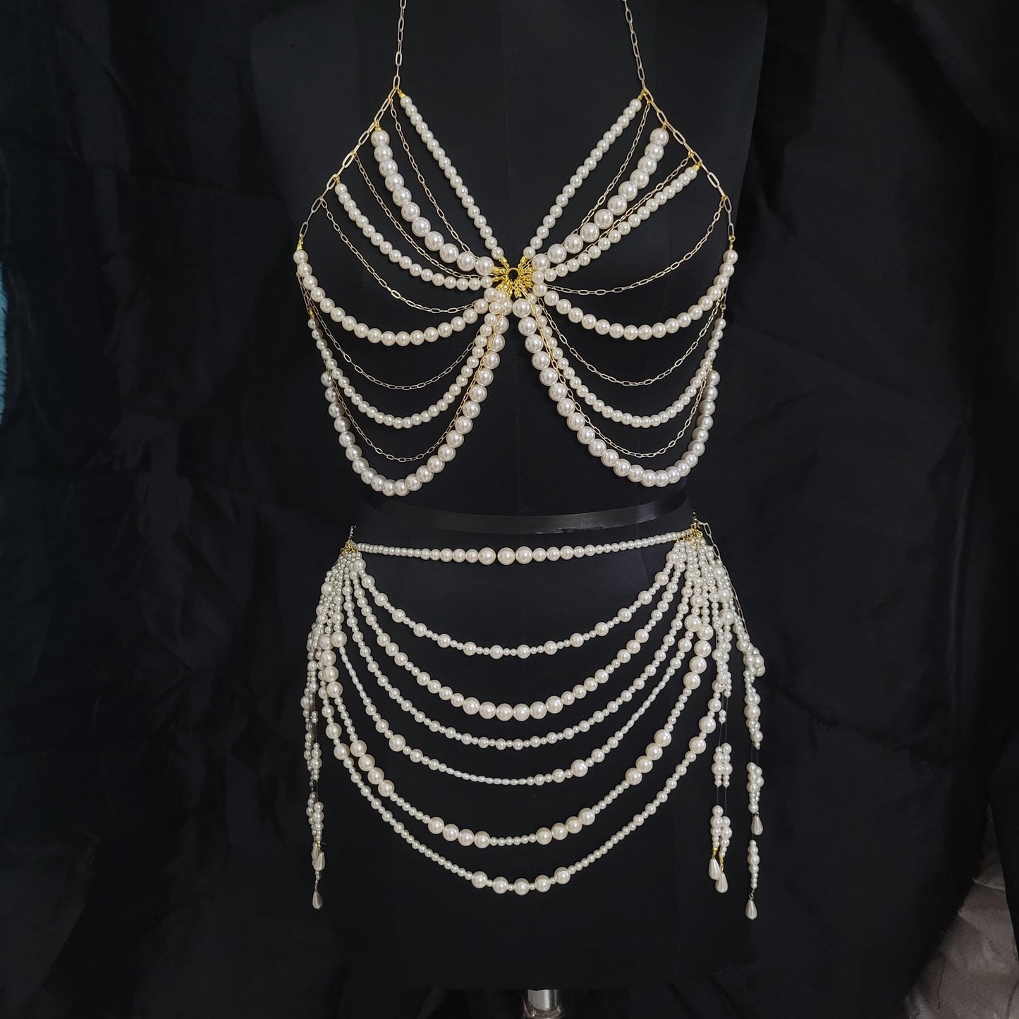 Handmade Pearl Body Chain Set – Festival Pearl Bra & Waist Chain Jewelry – Boho Statement Lingerie Harness