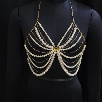 Handmade Pearl Body Chain Set – Festival Pearl Bra & Waist Chain Skirt Jewelry – Boho Statement Lingerie Harness for Rave, Carnival Outfit