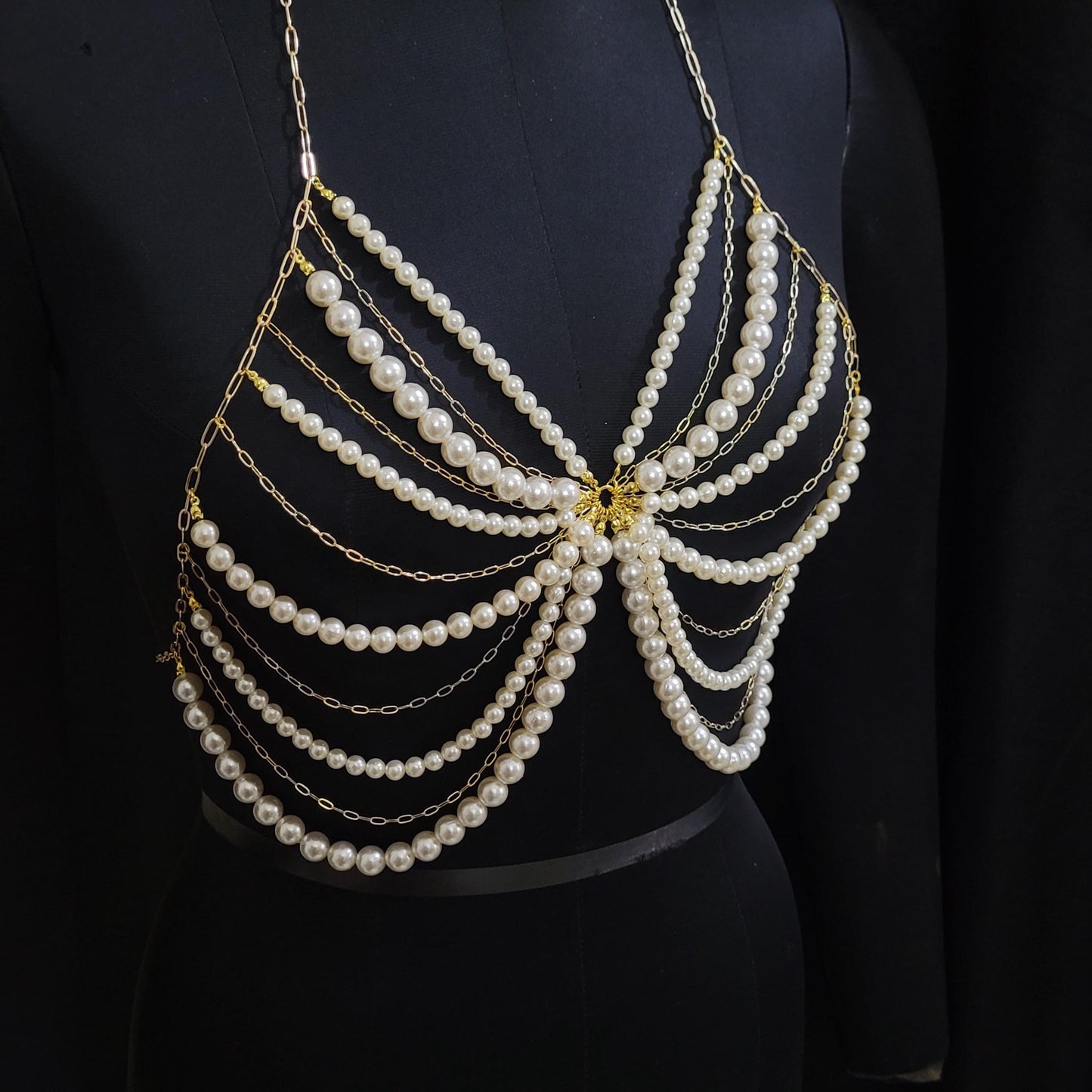 Handmade Pearl Body Chain Set – Festival Pearl Bra & Waist Chain Skirt Jewelry – Boho Statement Lingerie Harness for Rave, Carnival Outfit