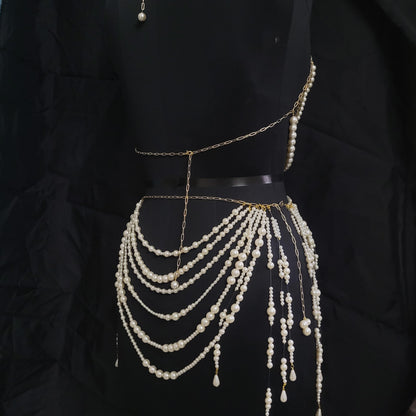 Handmade Pearl Body Chain Set – Festival Pearl Bra & Waist Chain Skirt Jewelry – Boho Statement Lingerie Harness for Rave, Carnival Outfit