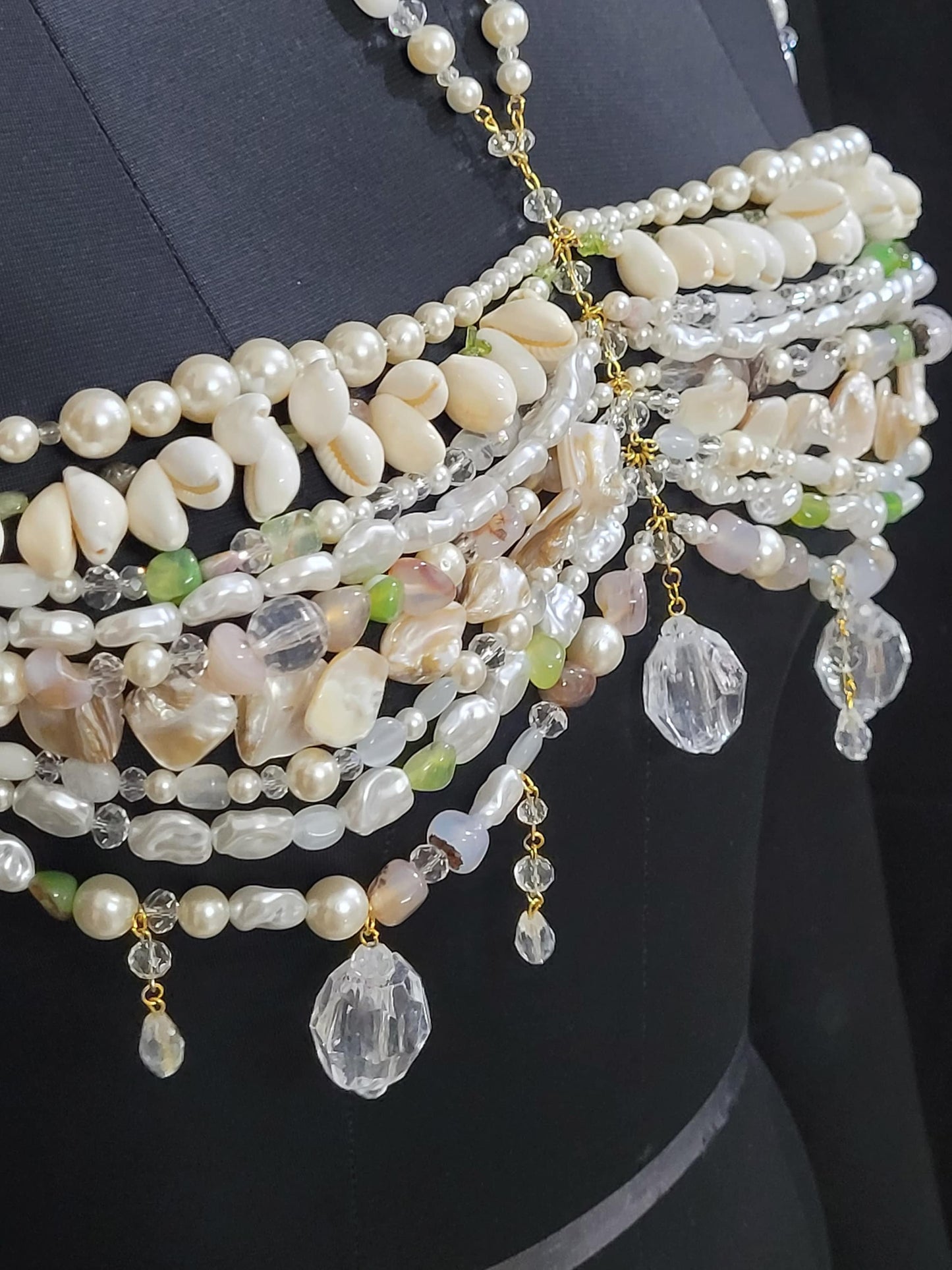 Handmade Pearl & Gemstone Bralette Body Chain – Luxury Mermaid Core Top, Shell Beaded Bra, Statement Festival Jewelry