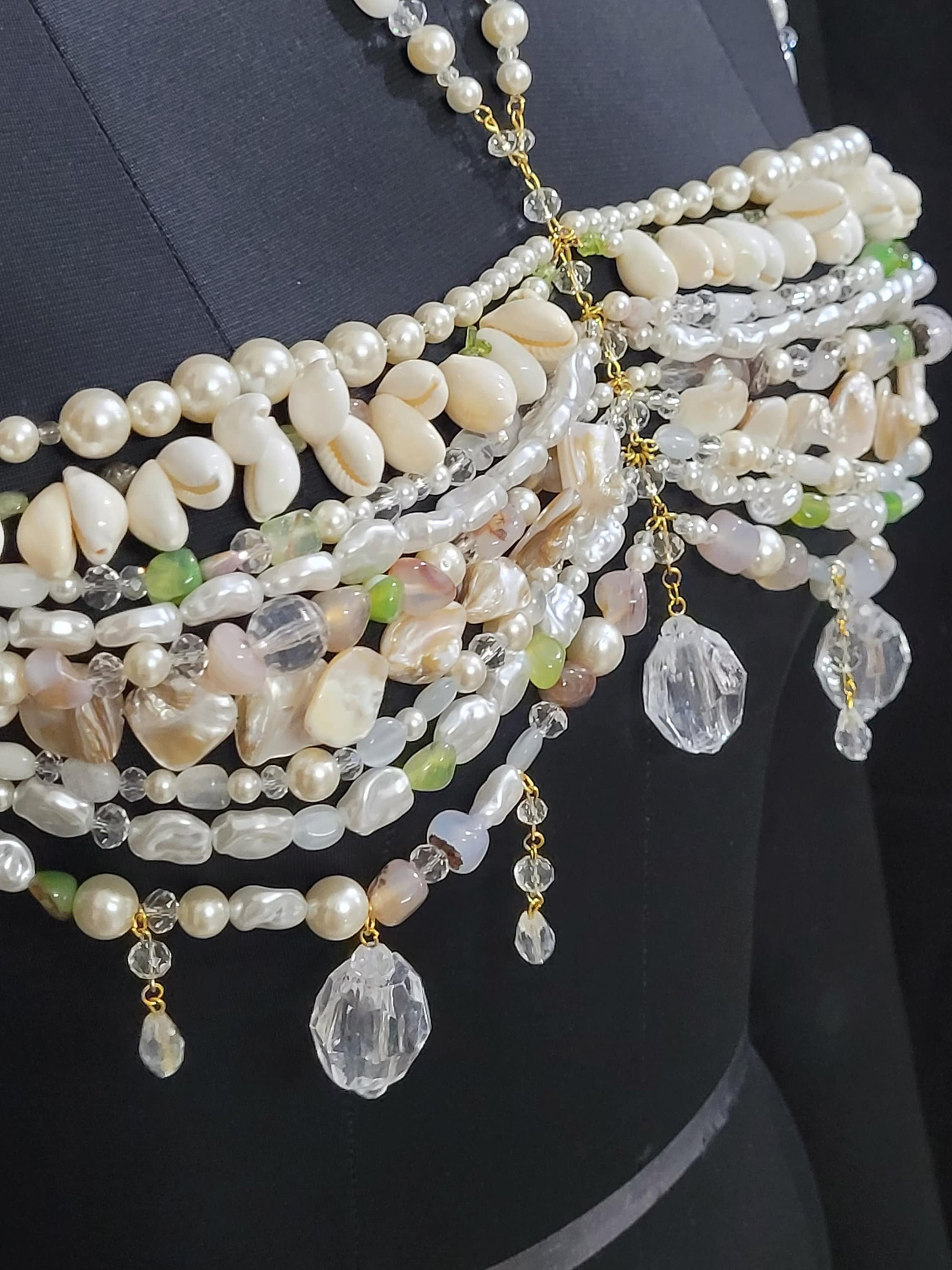 Handmade Pearl & Gemstone Bralette Body Chain – Luxury Mermaid Core Top, Shell Beaded Bra, Statement Festival Jewelry
