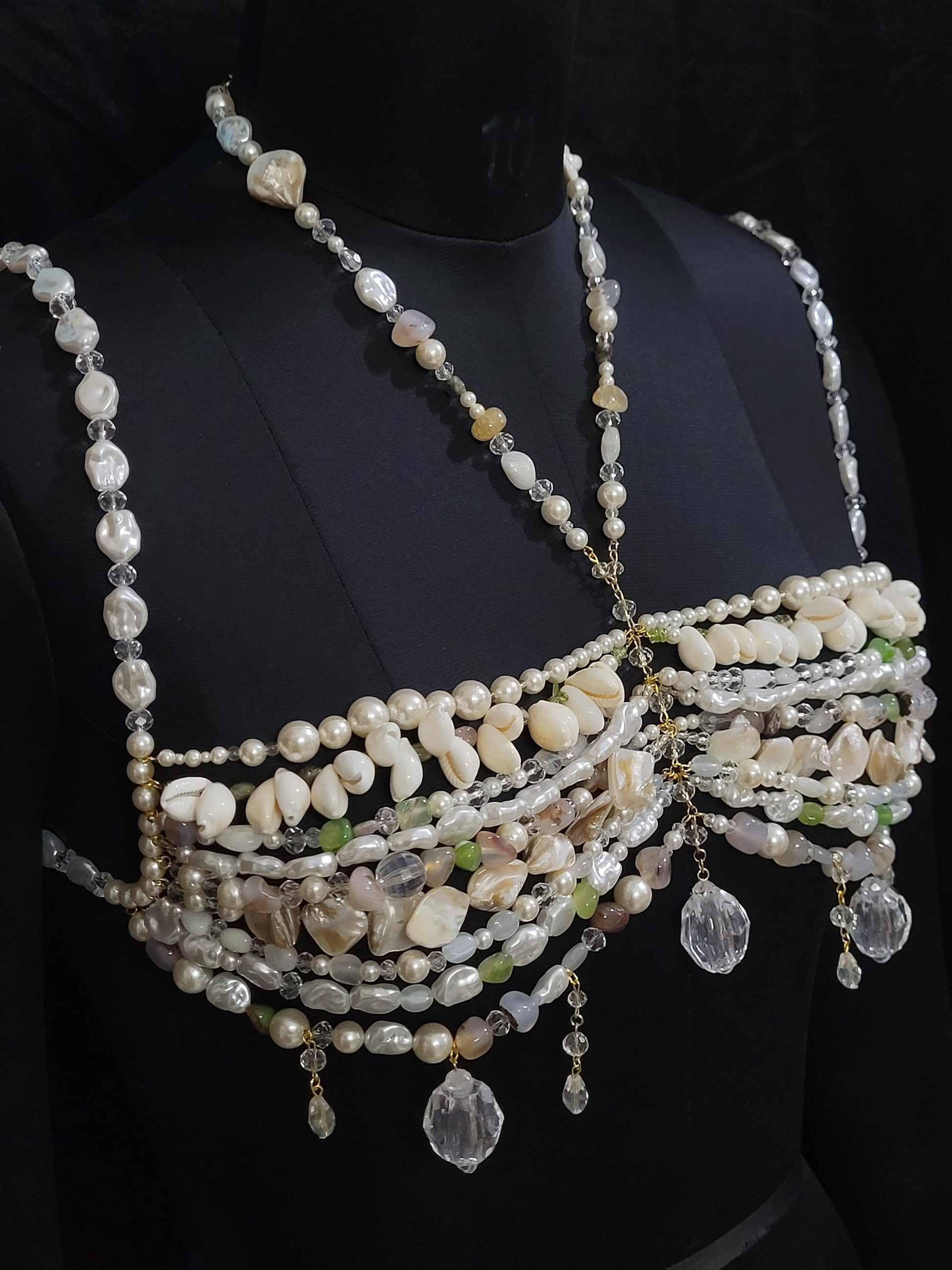 Handmade Pearl & Gemstone Bralette Body Chain – Luxury Mermaid Core Top, Shell Beaded Bra, Statement Festival Jewelry