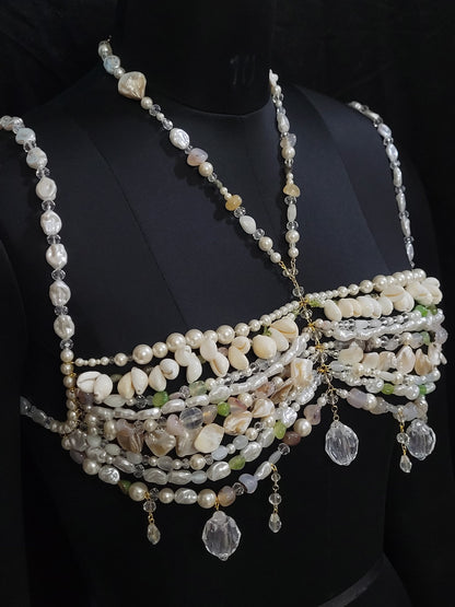 Handmade Pearl & Gemstone Bralette Body Chain – Luxury Mermaid Core Top, Shell Beaded Bra, Statement Festival Jewelry