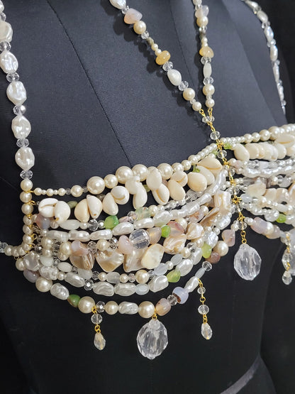 Handmade Pearl & Gemstone Bralette Body Chain – Luxury Mermaid Core Top, Shell Beaded Bra, Statement Festival Jewelry