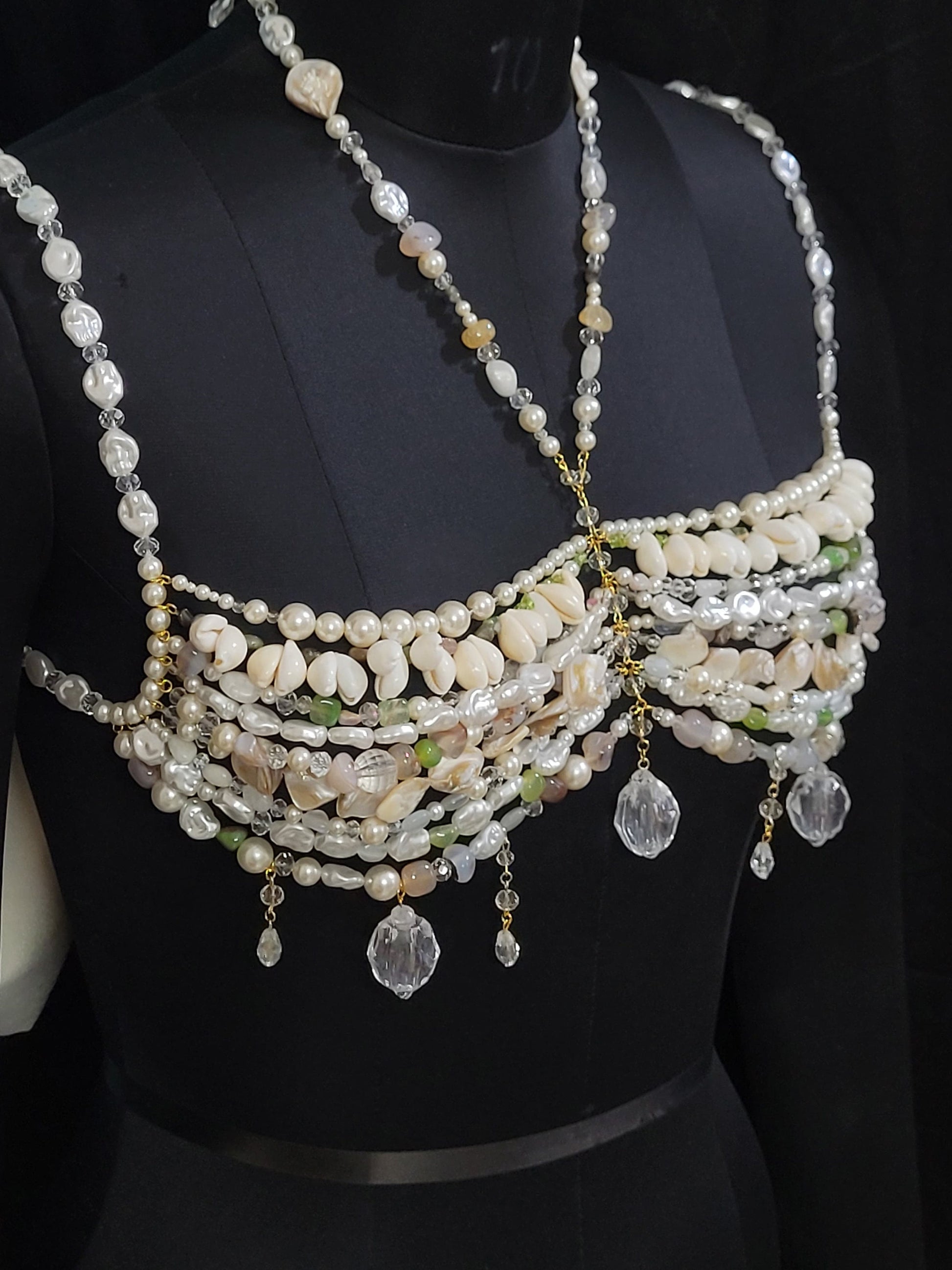 Handmade Pearl & Gemstone Bralette Body Chain – Luxury Mermaid Core Top, Shell Beaded Bra, Statement Festival Jewelry