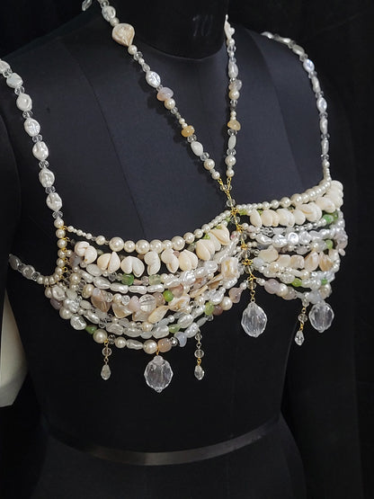 Handmade Pearl & Gemstone Bralette Body Chain – Luxury Mermaid Core Top, Shell Beaded Bra, Statement Festival Jewelry