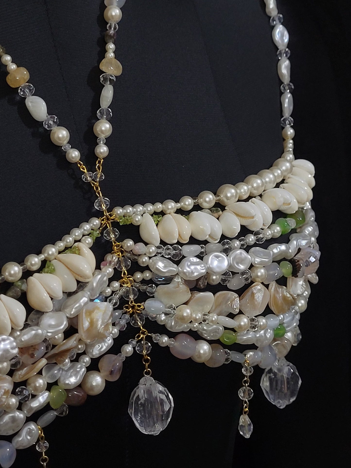 Handmade Pearl & Gemstone Bralette Body Chain – Luxury Mermaid Core Top, Shell Beaded Bra, Statement Festival Jewelry